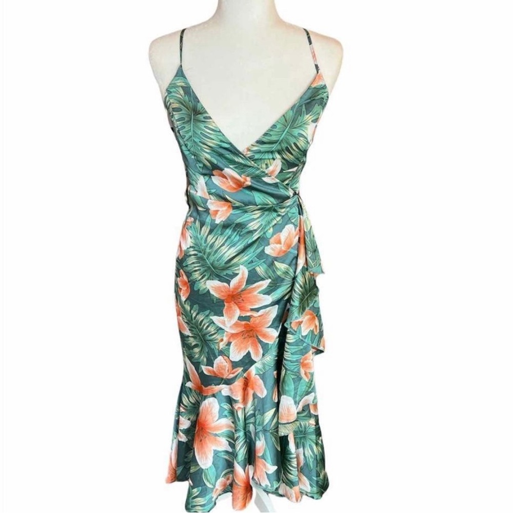 Tropical Deep V Wrap Dress